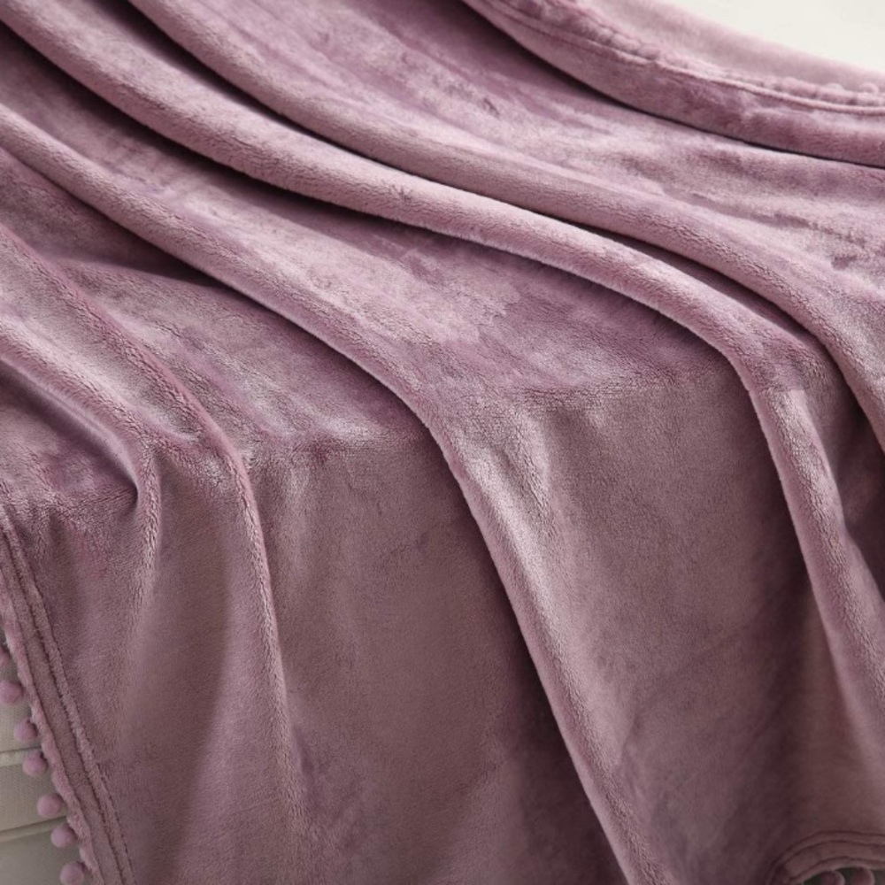Light Lilac Purple Cute Pompom Fringe Chic Cozy Soft Trendy SofaThrow Blanket - Picture 3 of 16